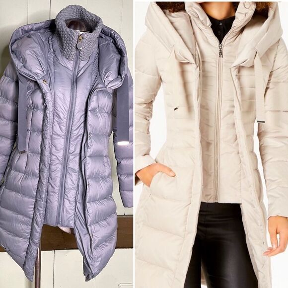Tahari Knit Collar Hooded Long Down Funnel Neck Puffer Coat Women’s Medium‎ - Picture 1 of 8